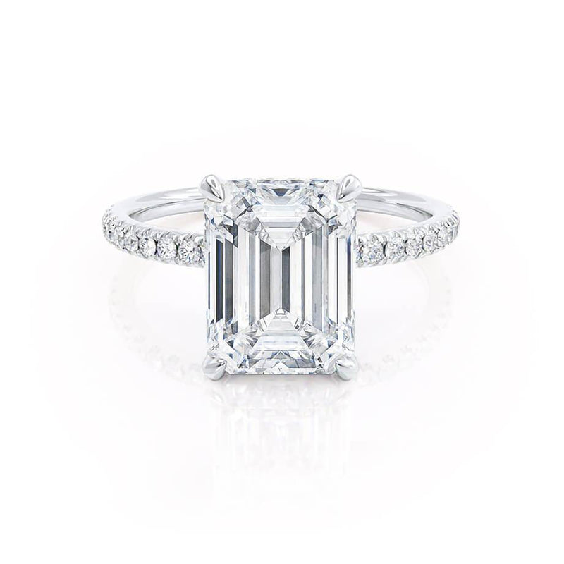 LIVELY - Emerald Natural Diamond 18k White Gold Hidden Halo Micro Pavé Shoulder Set Engagement Ring Lily Arkwright