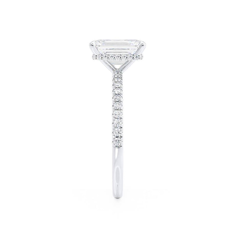 LIVELY - Emerald Natural Diamond 18k White Gold Hidden Halo Micro Pavé Shoulder Set Engagement Ring Lily Arkwright