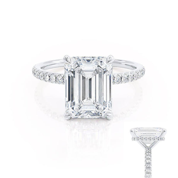 LIVELY - Emerald Natural Diamond 18k White Gold Hidden Halo Micro Pavé Shoulder Set Engagement Ring Lily Arkwright