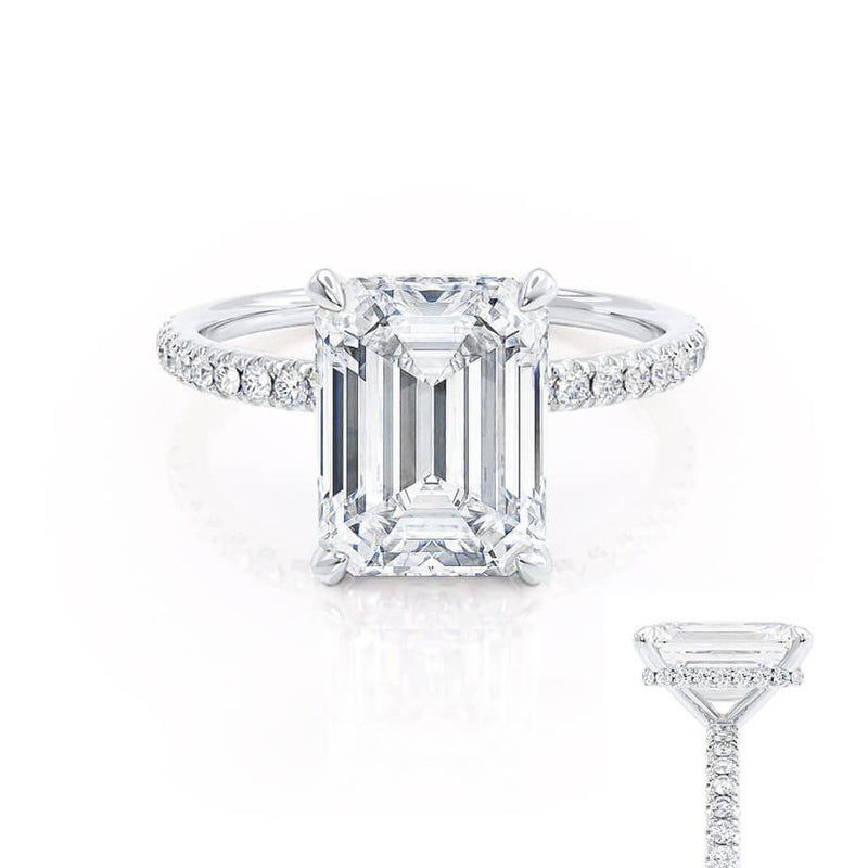 LIVELY - Emerald Natural Diamond 18k White Gold Hidden Halo Micro Pavé Shoulder Set Engagement Ring Lily Arkwright