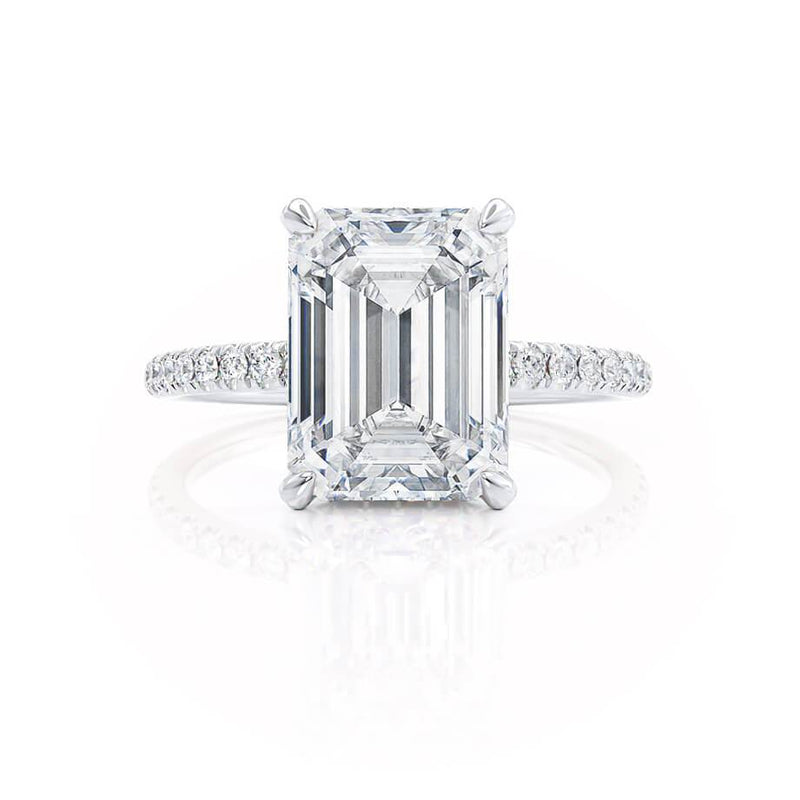 LIVELY - Emerald Natural Diamond 18k White Gold Hidden Halo Micro Pavé Shoulder Set Engagement Ring Lily Arkwright