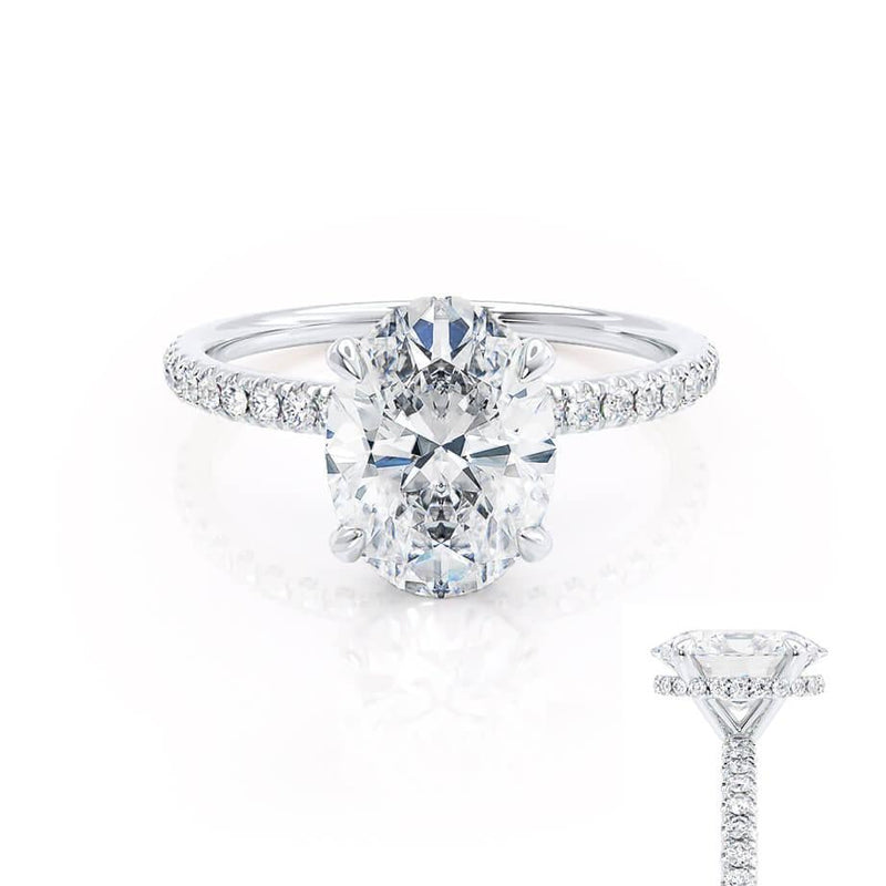 LIVELY - Oval natural Diamond 18k White Gold Petite Hidden Halo Pavé Shoulder Set Engagement Ring Lily Arkwright