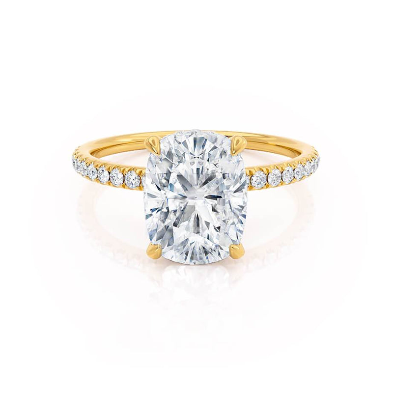 LIVELY - Elongated Cushion Natural Diamond 18k Yellow Gold Petite Hidden Halo Pavé Shoulder Set Engagement Ring Lily Arkwright