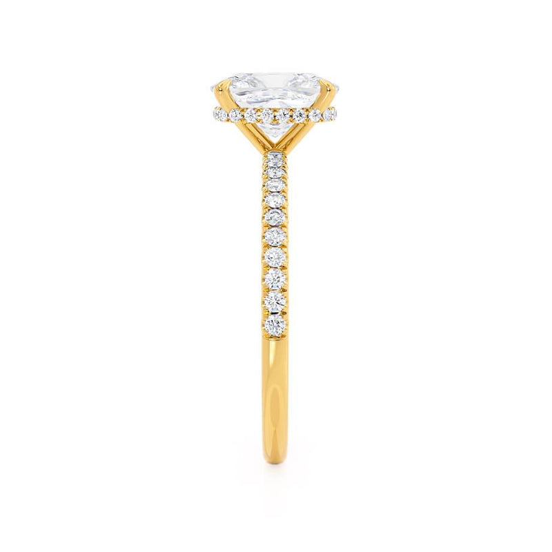 LIVELY - Elongated Cushion Natural Diamond 18k Yellow Gold Petite Hidden Halo Pavé Shoulder Set Engagement Ring Lily Arkwright