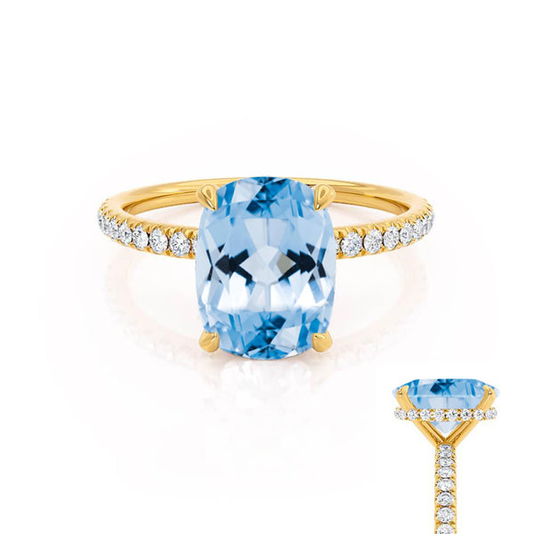 LIVELY - Chatham® Elongated Cushion Aqua Spinel 18k Yellow Gold Petite Hidden Halo Pavé Shoulder Set Ring