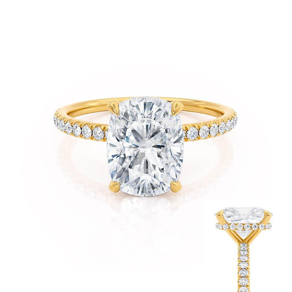 LIVELY - Elongated Cushion Natural Diamond 18k Yellow Gold Petite Hidden Halo Pavé Shoulder Set Engagement Ring Lily Arkwright