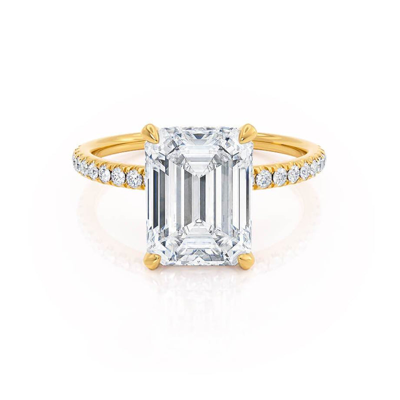 LIVELY - Emerald Natural Diamond 18k Yellow Gold Hidden Halo Micro Pavé Shoulder Set Engagement Ring Lily Arkwright