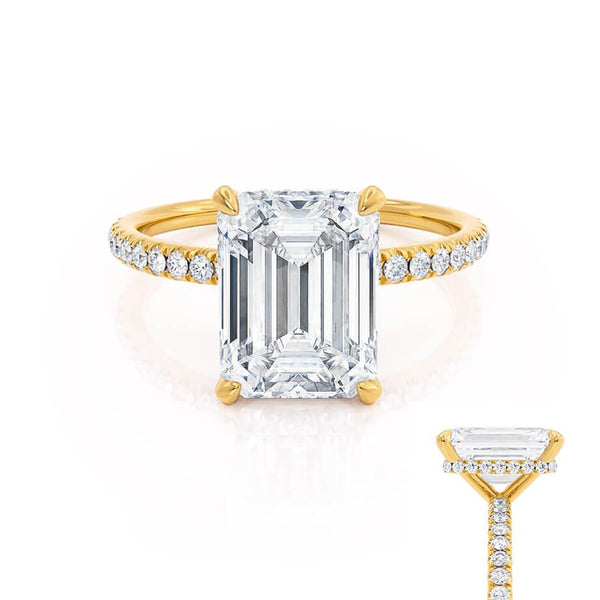 LIVELY - Emerald Natural Diamond 18k Yellow Gold Hidden Halo Micro Pavé Shoulder Set Engagement Ring Lily Arkwright