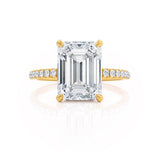LIVELY - Emerald Natural Diamond 18k Yellow Gold Hidden Halo Micro Pavé Shoulder Set Engagement Ring Lily Arkwright