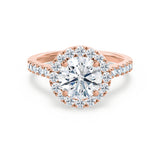 CECILY - Round Moissanite & Diamond 18k Rose Gold Halo Engagement Ring Lily Arkwright