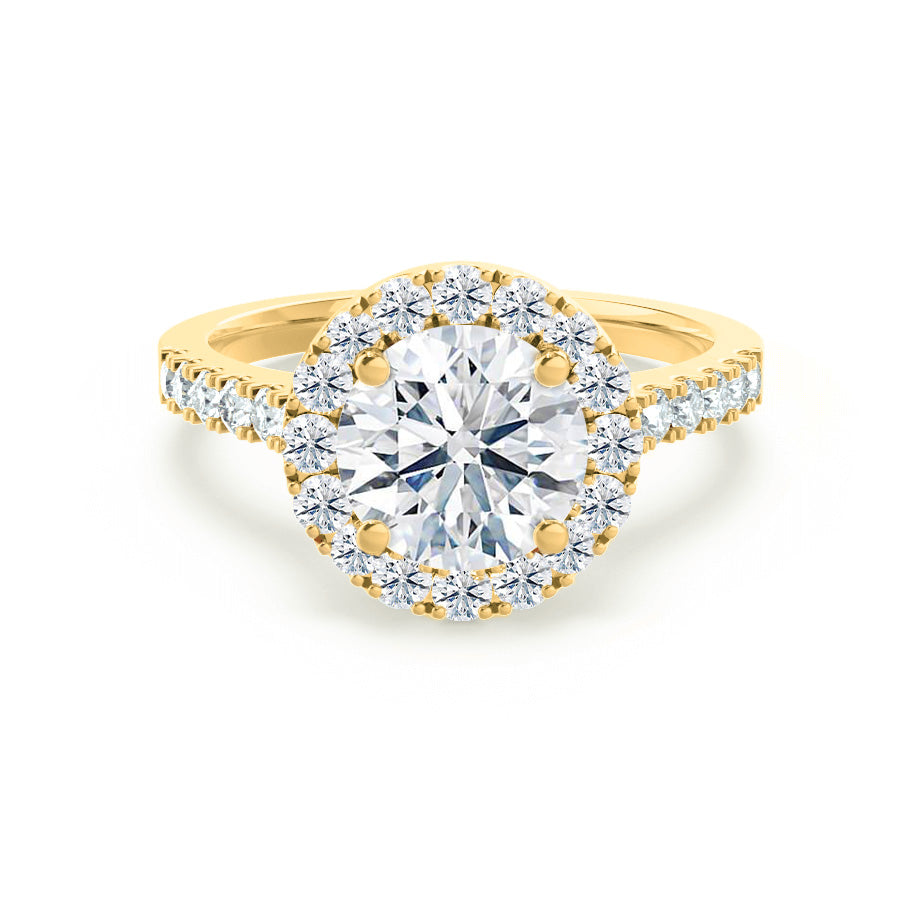 Cecily Round Moissanite & Diamond 18k Yellow Gold Shoulder Set Ring ...
