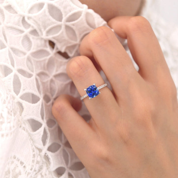 LIVELY - Chatham® Cushion Blue Sapphire 18k White Gold Petite Hidden Halo Pavé Shoulder Set Ring