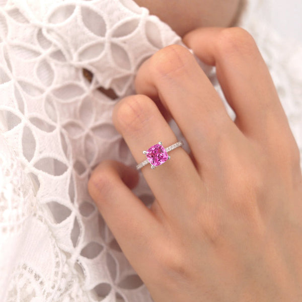 LIVELY - Chatham® Cushion Pink Sapphire 950 Platinum Petite Hidden Halo Pavé Shoulder Set Ring