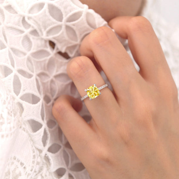 LIVELY - Chatham® Cushion Yellow Sapphire 950 Platinum Petite Hidden Halo Pavé Shoulder Set Ring
