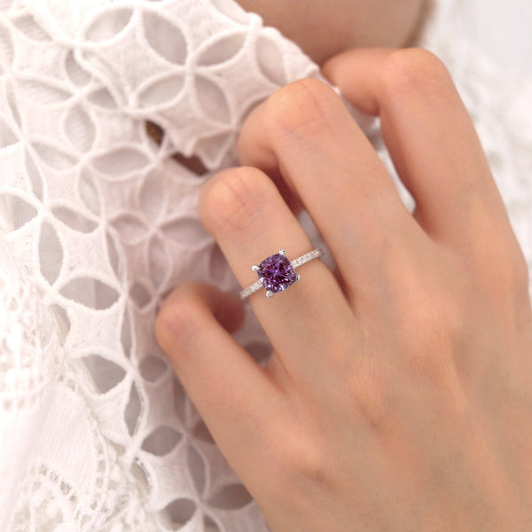 LIVELY - Chatham® Cushion Alexandrite 950 Platinum Petite Hidden Halo Pavé Shoulder Set Ring