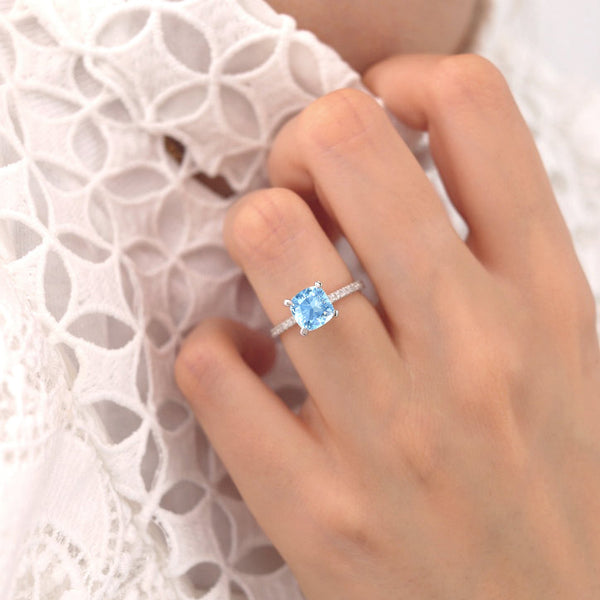 LIVELY - Chatham® Cushion Aqua Spinel 950 Platinum Petite Hidden Halo Pavé Shoulder Set Ring