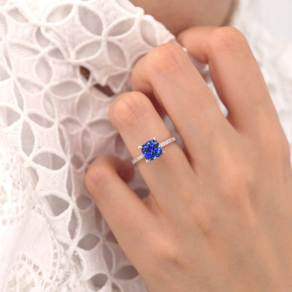 LIVELY - Chatham® Cushion Blue Sapphire 950 Platinum Petite Hidden Halo Pavé Shoulder Set Ring