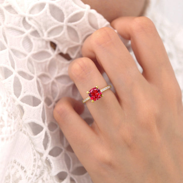 LIVELY - Chatham® Cushion Ruby 18k Yellow Gold Petite Hidden Halo Pavé Shoulder Set Ring