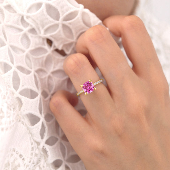 LIVELY - Chatham® Cushion Pink Sapphire 18k Yellow Gold Petite Hidden Halo Pavé Shoulder Set Ring