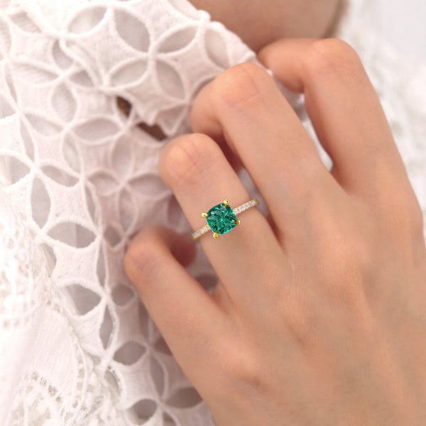 LIVELY - Chatham® Cushion Emerald 18k Yellow Gold Petite Hidden Halo Pavé Shoulder Set Ring
