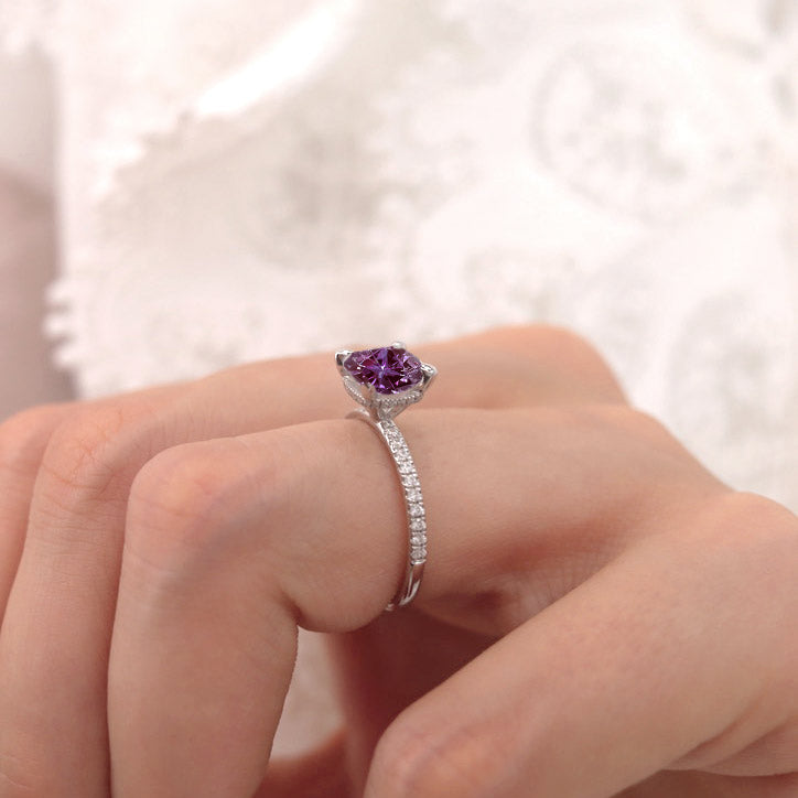 LIVELY - Chatham® Cushion Alexandrite 950 Platinum Petite Hidden Halo Pavé Shoulder Set Ring