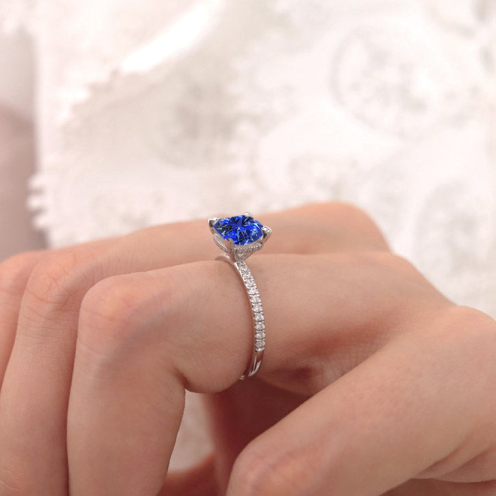 LIVELY - Chatham® Cushion Blue Sapphire 18k White Gold Petite Hidden Halo Pavé Shoulder Set Ring