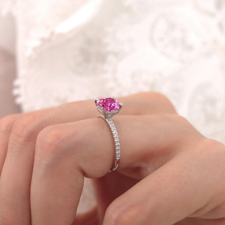 LIVELY - Chatham® Cushion Pink Sapphire 950 Platinum Petite Hidden Halo Pavé Shoulder Set Ring