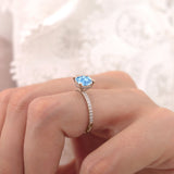 LIVELY - Chatham® Cushion Aqua Spinel 18k Rose Gold Petite Hidden Halo Pavé Shoulder Set Ring