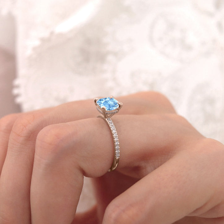 LIVELY - Chatham® Cushion Aqua Spinel 18k Rose Gold Petite Hidden Halo Pavé Shoulder Set Ring