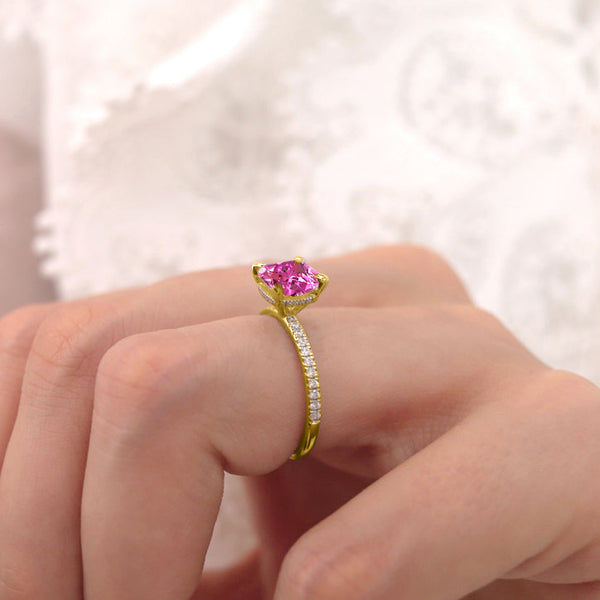 LIVELY - Chatham® Cushion Pink Sapphire 18k Yellow Gold Petite Hidden Halo Pavé Shoulder Set Ring