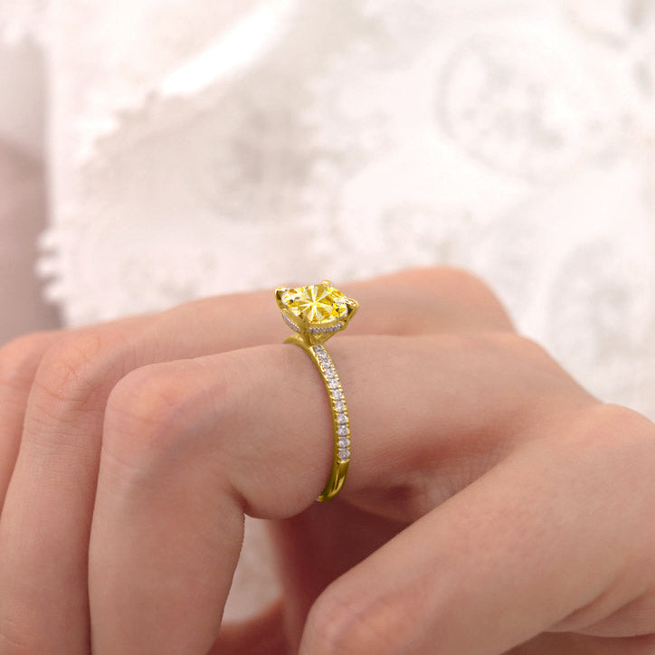 LIVELY - Chatham® Cushion Yellow Sapphire 18k Yellow Gold Petite Hidden Halo Pavé Shoulder Set Ring