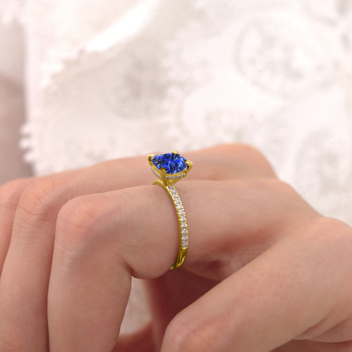 LIVELY - Chatham® Cushion Blue Sapphire 18k Yellow Gold Petite Hidden Halo Pavé Shoulder Set Ring