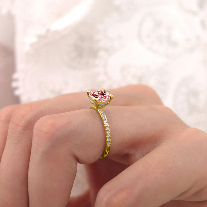 LIVELY - Chatham® Cushion Champagne Sapphire 18k Yellow Gold Petite Hidden Halo Pavé Shoulder Set Ring