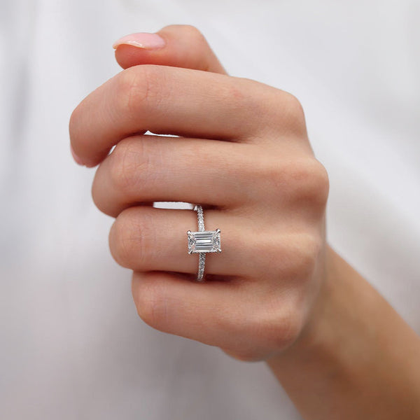 Lively 1.50ct E Colour Emerald Cut Natural Diamond 950 Platinum Hidden Halo Micro Pavé Shoulder Set Ring Lily Arkwright