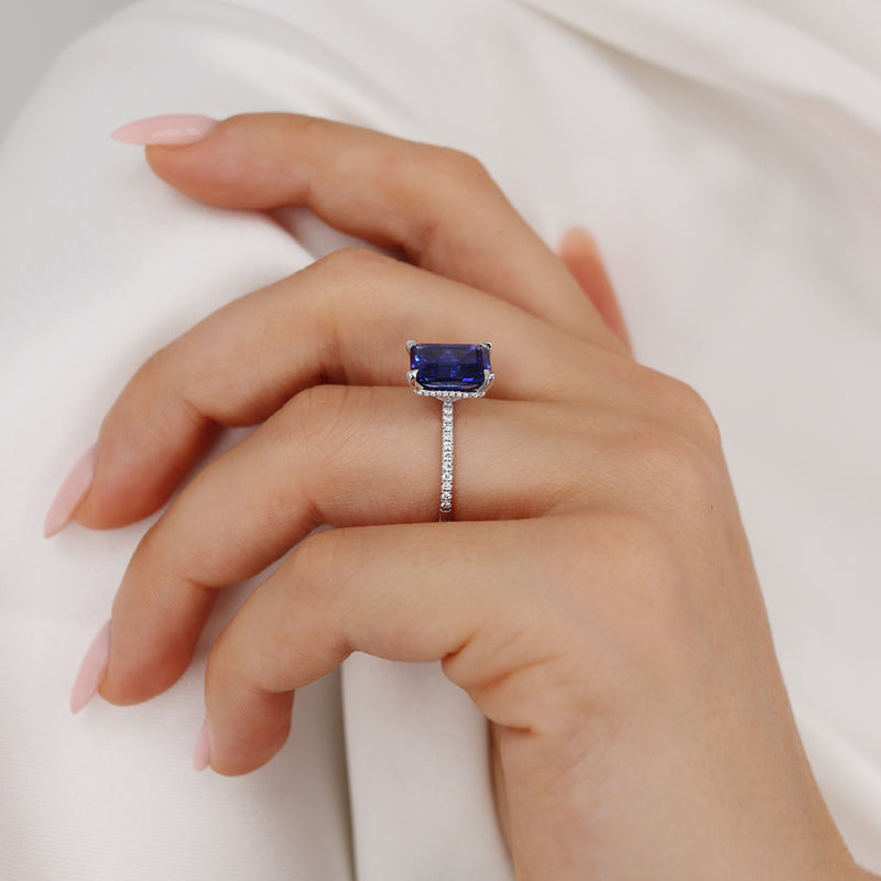 Lively 4.88ct 10x8mm Radiant Cut Chatham Blue Sapphire & Diamond 18k White Gold Petite Hidden Halo Pavé Shoulder Set Engagement Ring Lily Arkwright