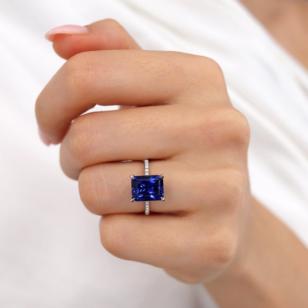 Lively 4.88ct 10x8mm Radiant Cut Chatham BlueSapphire&Diamond 18k White Gold Petite Hidden Halo Pavé Shoulder Set Engagement Ring Lily Arkwright
