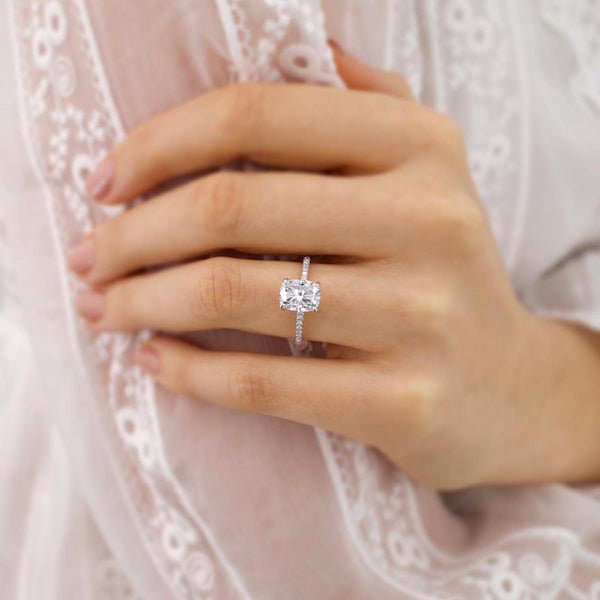 LIVELY - Elongated Cushion Natural Diamond Platinum Petite Hidden Halo Pavé Shoulder Set Engagement Ring Lily Arkwright