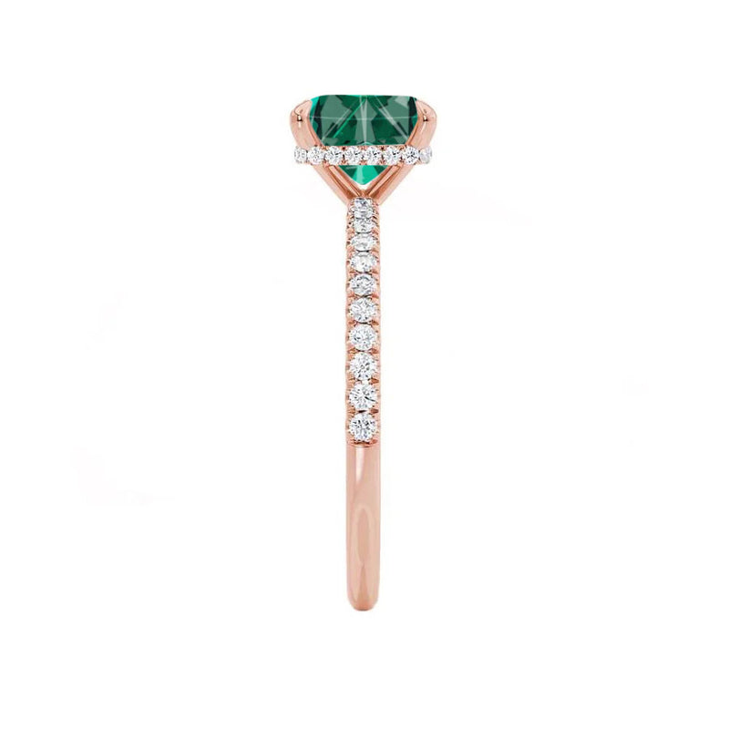 LIVELY - Chatham® Princess Emerald 18k Rose Gold Petite Hidden Halo Pavé Shoulder Set Ring