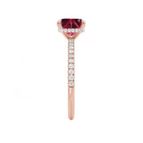 LIVELY - Chatham® Princess Ruby 18k Rose Gold Petite Hidden Halo Pavé Shoulder Set Ring