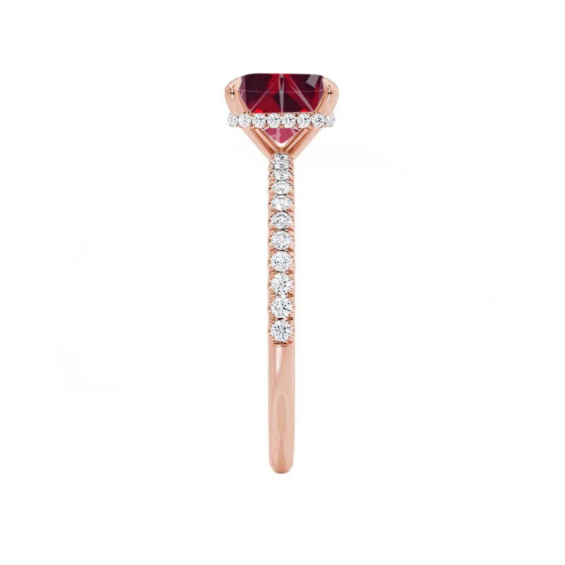LIVELY - Chatham® Princess Ruby 18k Rose Gold Petite Hidden Halo Pavé Shoulder Set Ring