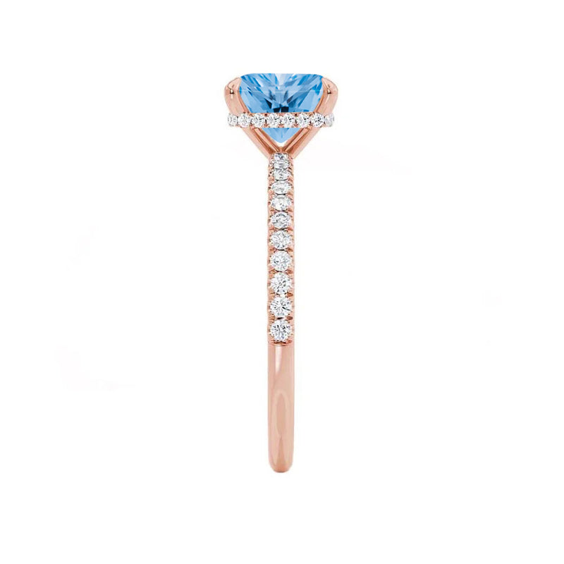 LIVELY - Chatham® Princess Aqua Spinel 18k Rose Gold Petite Hidden Halo Pavé Shoulder Set Ring