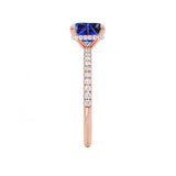LIVELY - Chatham® Princess Blue Sapphire 18k Rose Gold Petite Hidden Halo Pavé Shoulder Set Ring