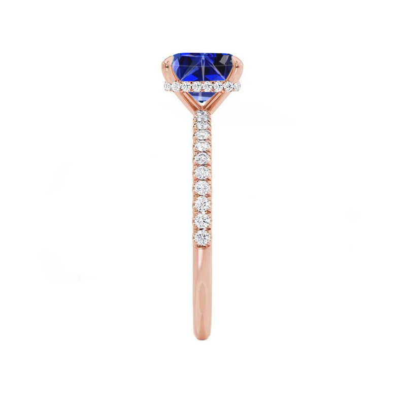 LIVELY - Chatham® Princess Blue Sapphire 18k Rose Gold Petite Hidden Halo Pavé Shoulder Set Ring