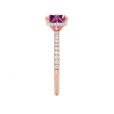 LIVELY - Chatham® Princess Pink Sapphire 18k Rose Gold Petite Hidden Halo Pavé Shoulder Set Ring