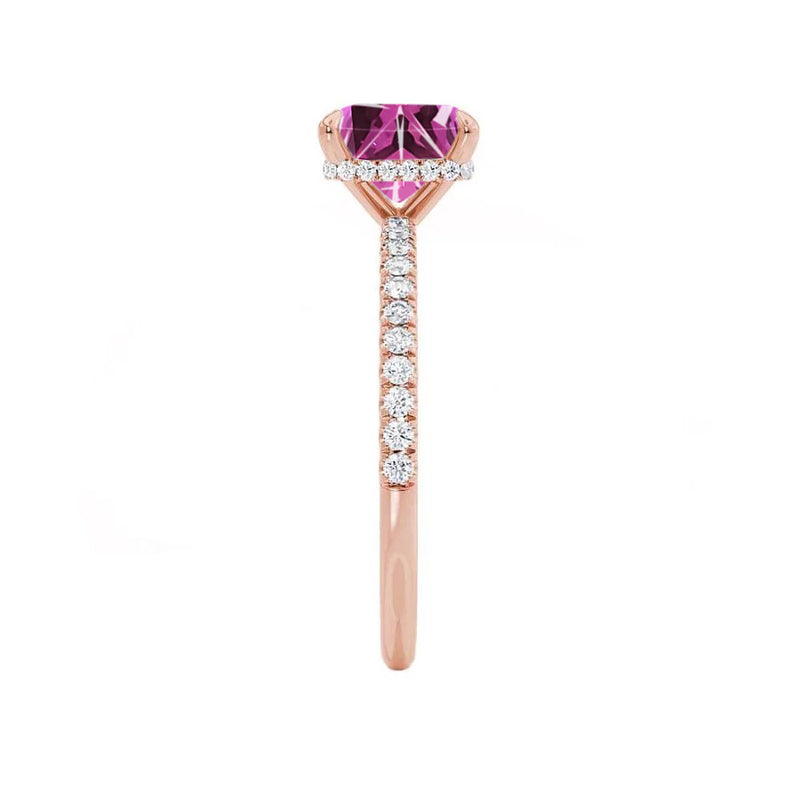 LIVELY - Chatham® Princess Pink Sapphire 18k Rose Gold Petite Hidden Halo Pavé Shoulder Set Ring