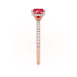 LIVELY - Chatham® Cushion Ruby 18k Rose Gold Petite Hidden Halo Pavé Shoulder Set Ring