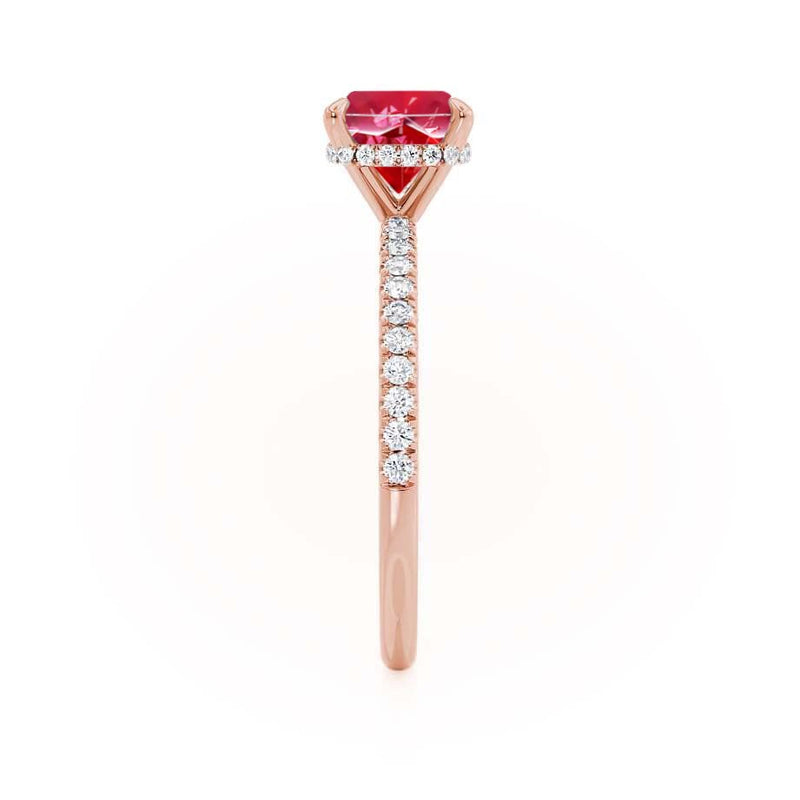 LIVELY - Chatham® Cushion Ruby 18k Rose Gold Petite Hidden Halo Pavé Shoulder Set Ring