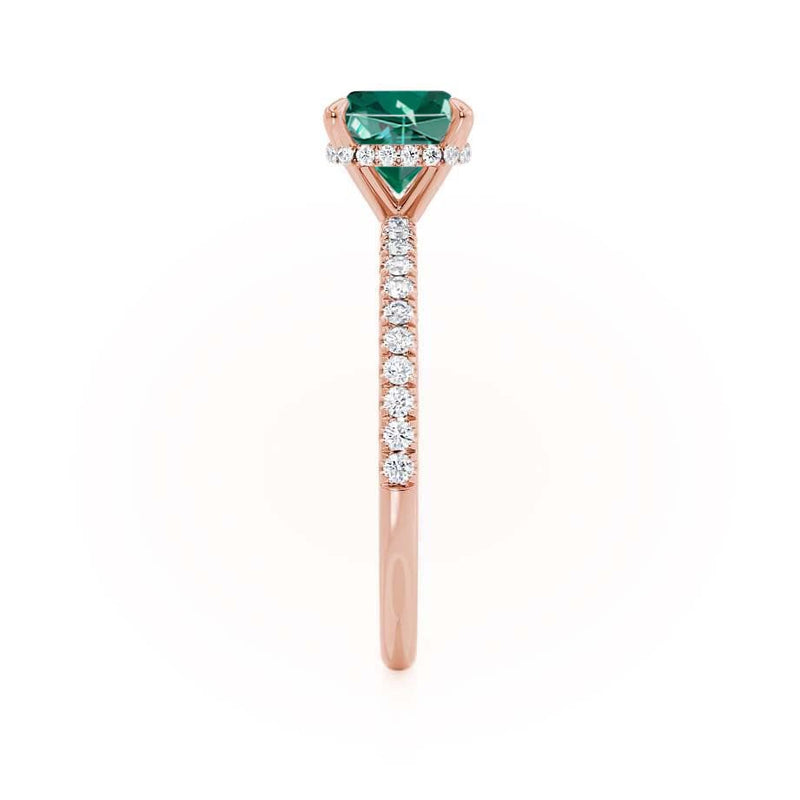 LIVELY - Chatham® Cushion Emerald 18k Rose Gold Petite Hidden Halo Pavé Shoulder Set Ring