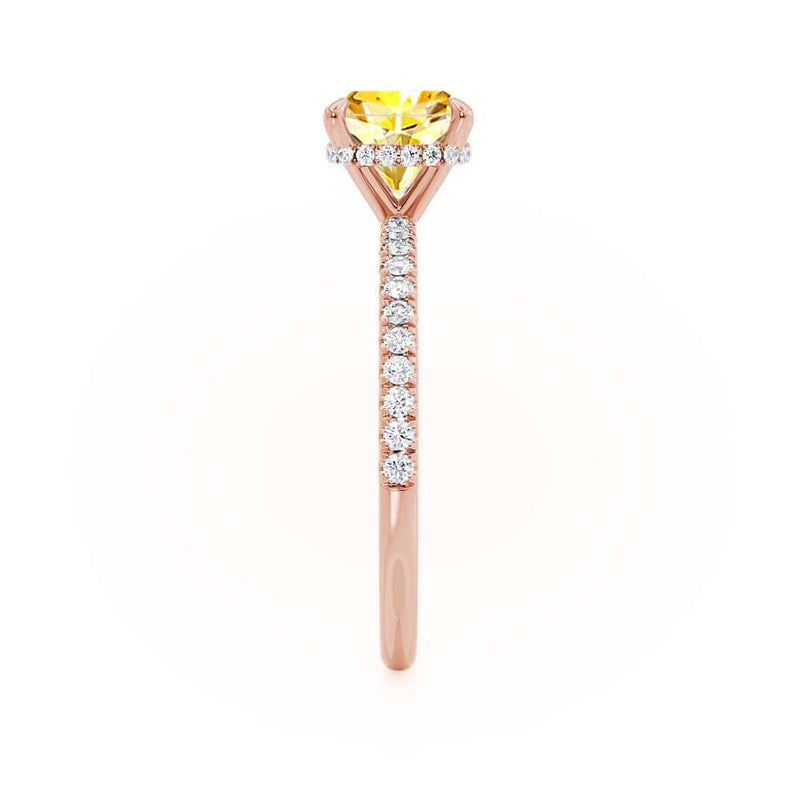 LIVELY - Chatham® Cushion Yellow Sapphire 18k Rose Gold Petite Hidden Halo Pavé Shoulder Set Ring