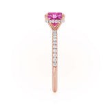 LIVELY - Chatham® Cushion Pink Sapphire 18k Rose Gold Petite Hidden Halo Pavé Shoulder Set Ring